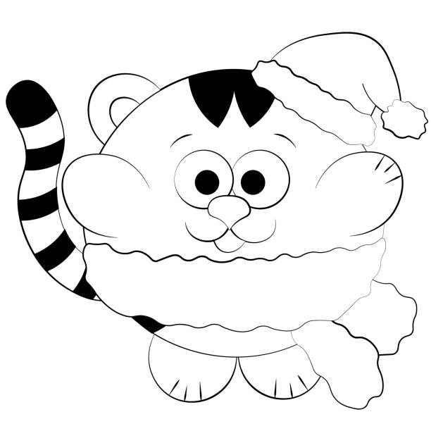 illustrazioni stock, clip art, cartoni animati e icone di tendenza di simpatico cartone animato tiger in cappello e sciarpa. disegna illustrazioni in bianco e nero - party hat silhouette symbol computer icon