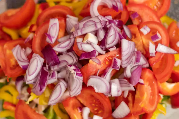 Photo of Chopped vegetables. Culinary background with selective focus