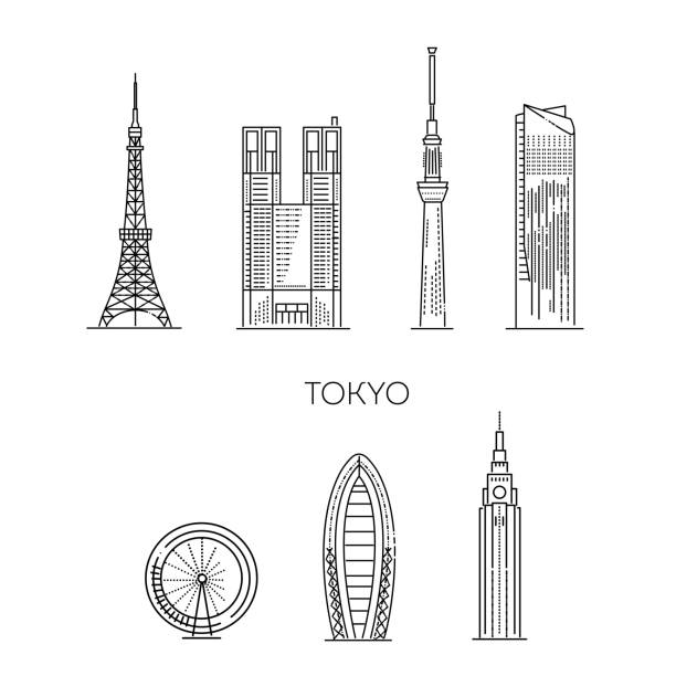 東京ランドマークと文化のフラットアイコンのセットは、ベクトルイラストを備えています - tokyo prefecture japan skyline japanese culture点のイラスト素材／クリップアート素材／マンガ素材／アイコン素材
