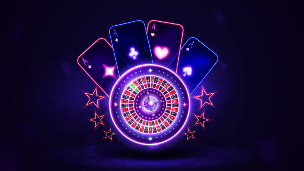 ilustrações de stock, clip art, desenhos animados e ícones de pink shine neon casino roulette wheel with playing cards in dark empty scene - club suit