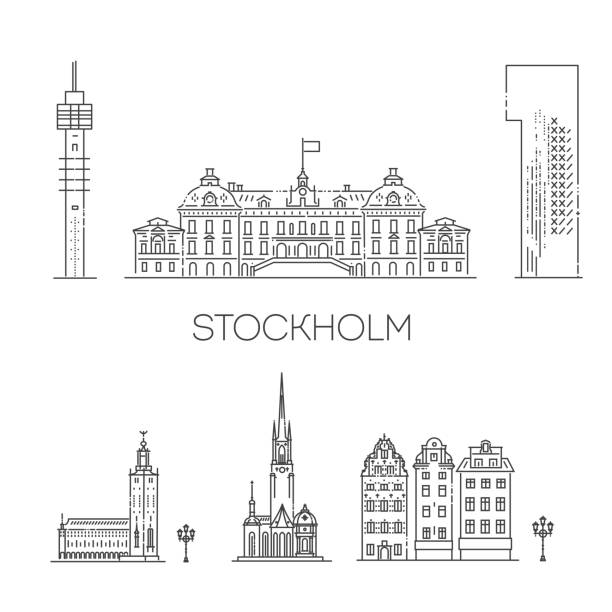 illustrazioni stock, clip art, cartoni animati e icone di tendenza di stoccolma, line art illustrazione vettoriale con tutti gli edifici famosi - stockholm