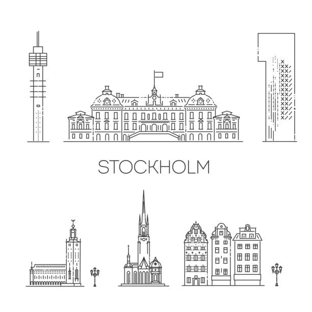bildbanksillustrationer, clip art samt tecknat material och ikoner med stockholm, line art vector illustration with all famous buildings - stockholm