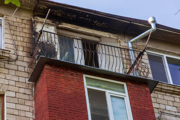 A typical balcony of a multi-storey residential building after a minor fire.