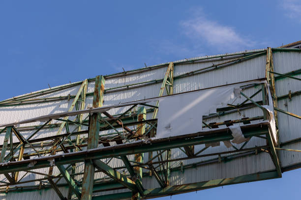 istock Blown away by the wind billboard. Metal structures after a hurricane. 1337126308