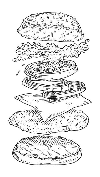 ilustrações de stock, clip art, desenhos animados e ícones de burger with flying ingredients on white background. black vintage engraving - food elegance cutlet restaurant