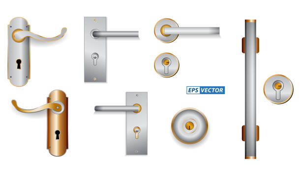 set of realistic handle door wooden isolated or modern handle door style with key or golden luxury door key. eps set of realistic handle door wooden isolated or modern handle door style with key or golden luxury door key. eps door handle stock illustrations
