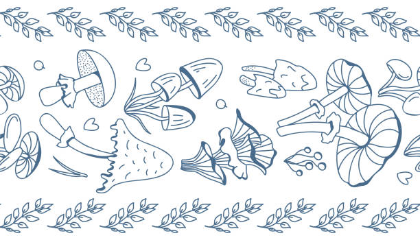 Hand-drawn vector lineart seamless doodle-style ribbon with mushrooms in gray on a white background Hand-drawn vector lineart seamless doodle-style ribbon with mushrooms in gray on a white background. Illustration in retro and cottage-core style with plants.Good for use as a pattern or tape cottagecore stock illustrations