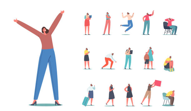 illustrazioni stock, clip art, cartoni animati e icone di tendenza di set di personaggi femminili, happy woman jump with raised arms, depressed girl crying sit on chair, traveler with suitcase - people traveling journey animated cartoon mother