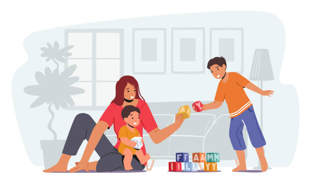 ilustrações de stock, clip art, desenhos animados e ícones de parent playing with children, happy family leisure. loving mom and cheerful kids spare time. mother and little sons play - family cartoon child little girls