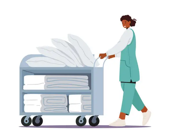 Vector illustration of Laundrette Company or Hotel Service. Female Character Employee of Professional Maid Working Process Push Trolley