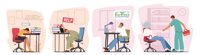 Set Professional Burnout Syndrome. Exhausted Managers Characters at Work Sitting at Table with Head Down and Low Battery. Business Concept of Overload and Tiredness. Cartoon People Vector Illustration