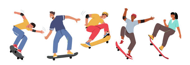 ilustraciones, imágenes clip art, dibujos animados e iconos de stock de conjunto de actividad de skateboarding para niños y niñas. jóvenes patinando longboard, saltando y haciendo acrobacias y trucos - skateboarding