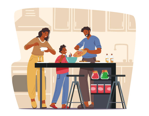 illustrazioni stock, clip art, cartoni animati e icone di tendenza di famiglia felice che cucina a casa, madre, padre e figlio piccolo in cucina usando diversi strumenti per la preparazione del cibo - cooking