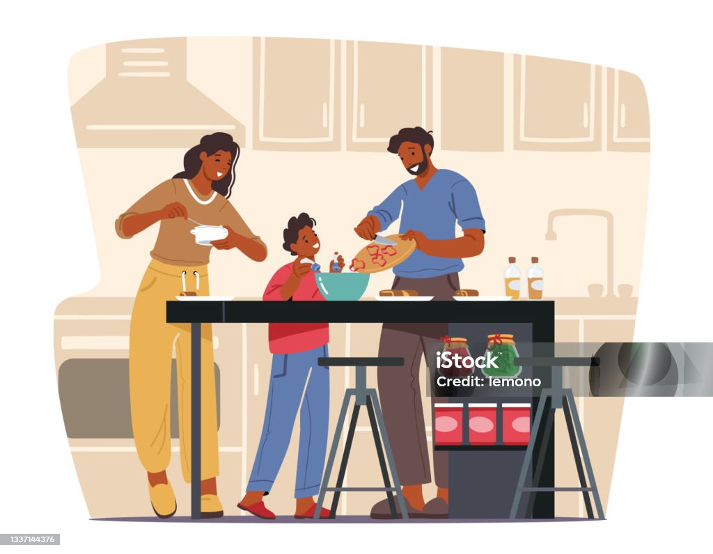 Happy Family Cooking at Home, Mother, Father and Little Son on Kitchen Using Different Tools for Food Preparing Happy Family Cooking at Home, Mother, Father and Little Son on Kitchen Background Using Different Tools for Food Preparing, Characters Spare Time Together on Weekend. Cartoon Vector Illustration Family stock vector