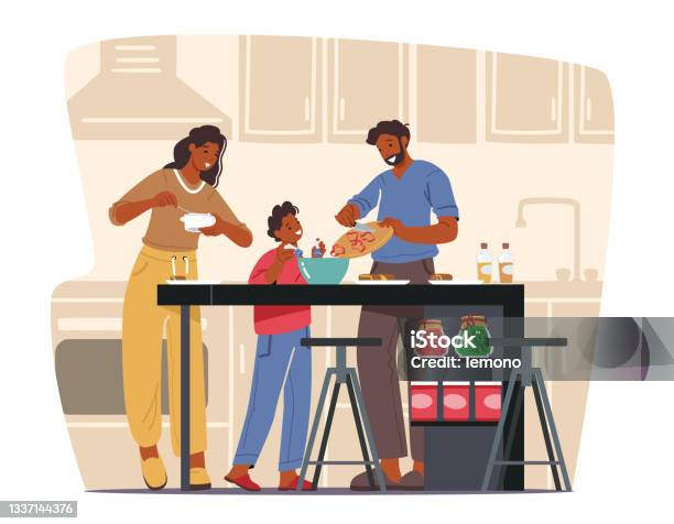 Happy Family Cooking At Home Mother Father And Little Son On Kitchen Using Different Tools For Food Preparing Stock Illustration - Download Image Now