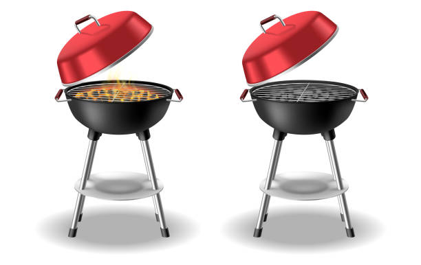 istock Round barbecue, BBQ charcoal grill empty and with burning flame, fire and hot coals 1337144385