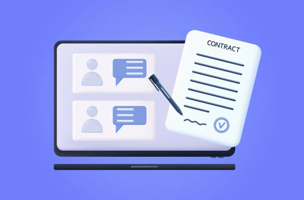istock Electronic contract 3d. Signing the document online. Business agreement page with electronic smart signature of partners on a laptop. Confirmed transaction online with a stamp. Financial form. Vector 1337144446