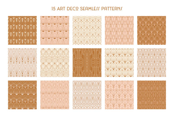 アールデコ1920年代のシームレスなパターンは、トレンディな最小限のスタイルで設定されています。幾何学的形状を持つベクター抽象レトロ背景 - art deco 1930s style pattern design点のイラスト素材／クリップアート素材／マンガ素材／アイコン素材