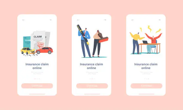 Vector illustration of Claim Insurance Mobile App Page Onboard Screen Template. Tiny Characters Characters with Huge Stamp and Pen, Dispute