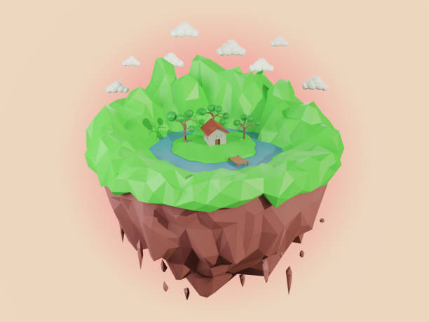 istock Spring season with sky island 3D rendering. Low polygonal geometric nature islands. Low poly style.Background design for banner, poster, flyer, cover, brochure. 1337149377