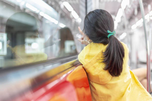 istock Girl looking out train window outside, while it moving. Child wear facemask during coronavirus and flu outbreak, Traveling by railway. 1337154833