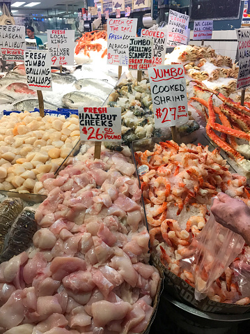 Seafood inside Pike Place Market in Seattle, Washington