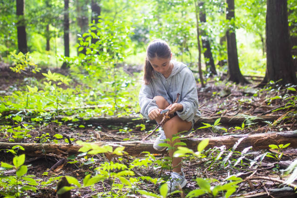 istock Young girl alone carving a stick in a forest 1337155574