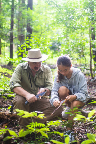 istock Father teaching his daughter bushcraft knife skills 1337155577
