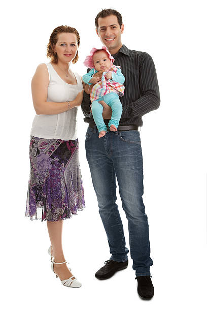 Portrait of a happy young family standing isolated over white background
