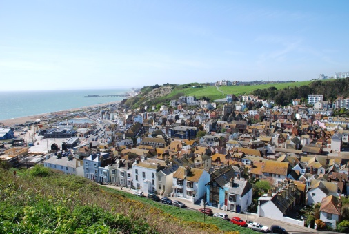 Looking over the Old Town area of Hastings in East Sussex, England.