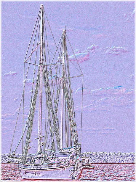 Tallship Cloudscape. Delicate white and lilac abstract embossed image. Digitally manipulated image of  a sailing vessel, enhanced fantasy wall art.