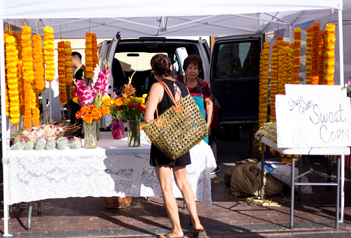 Santa Fe, NM: A customer and vendor at a colorful booth featuring marigolds at the Santa Fe Saturday Farmers Market in August.