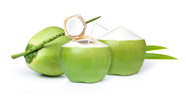 istock green coconut fruit with green leaf isolated on white background. 1337167377