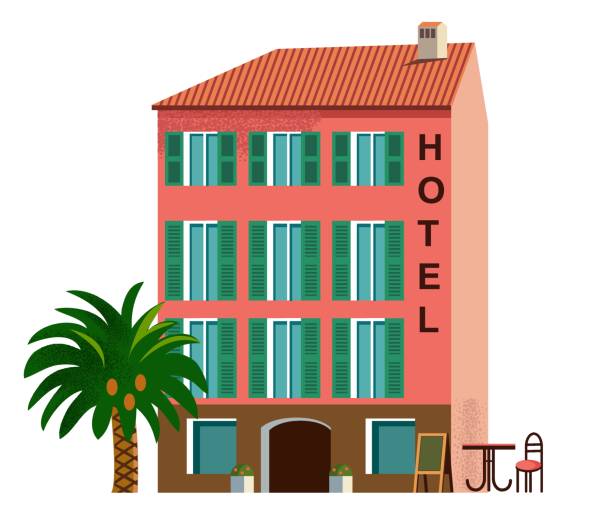 old european southern hotel flat style vector illustration mediterranean retro hotel and restaurant hotel stock illustrations