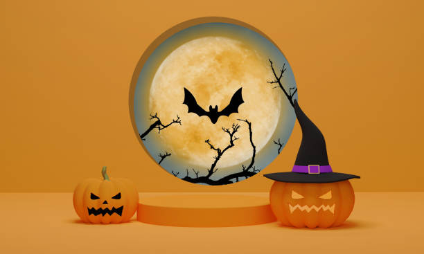 istock Halloween pumpkin wearing a witch hat with cylinder podium 1337174795