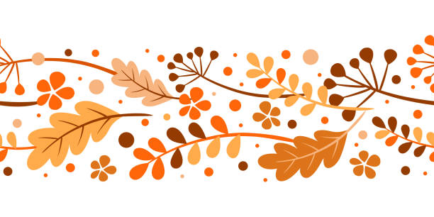 Seamless border of autumn leaves. Vector frame, garland, illustration of autumn leaves on a white background. Orange, yellow, brown foliage of oak, mountain ash, rowan berry. Seamless border of autumn leaves. Vector frame, garland, illustration of autumn leaves on a white background. Orange, yellow, brown foliage of oak, mountain ash, rowan berry fall leaves stock illustrations