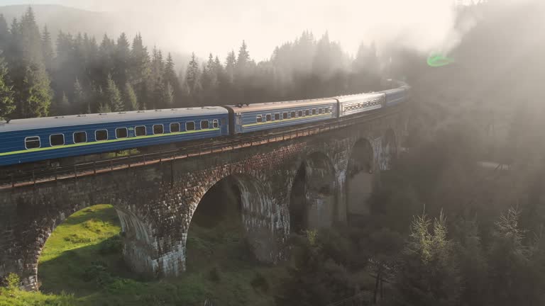 Aerial shot of a train crossing a beautiful stone bridge in early morning.