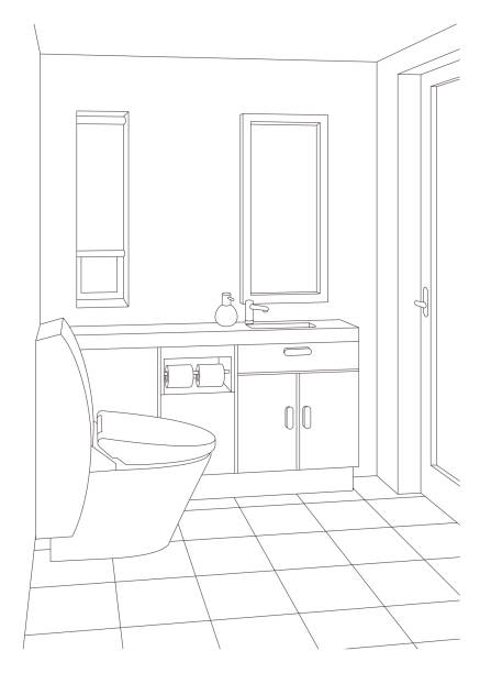 ilustrações, clipart, desenhos animados e ícones de ilustração vetorial de desenho de linha de banheiro. - bathroom sink illustrations