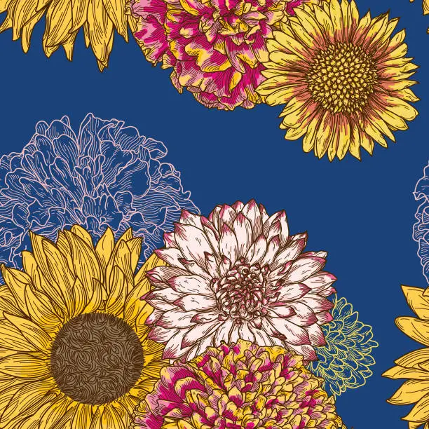 Vector illustration of 1970s Inspired Autumn Floral Seamless Pattern