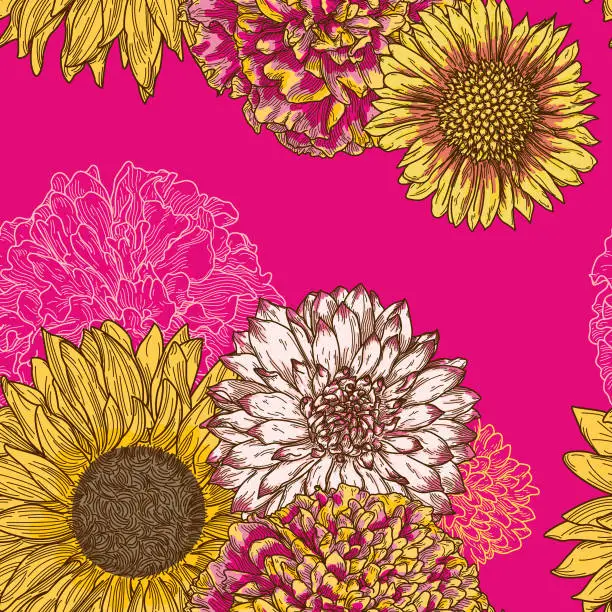 Vector illustration of 1970s Inspired Autumn Floral Seamless Pattern