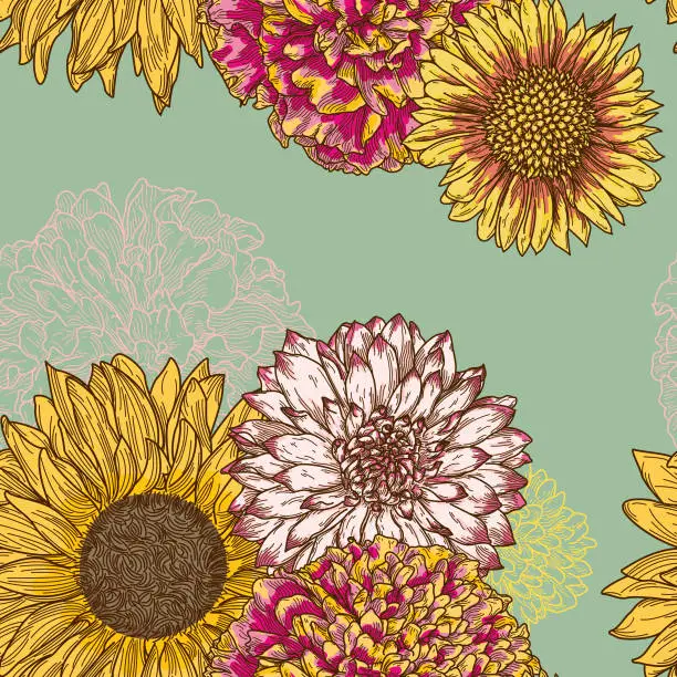 Vector illustration of 1970s Inspired Autumn Floral Seamless Pattern