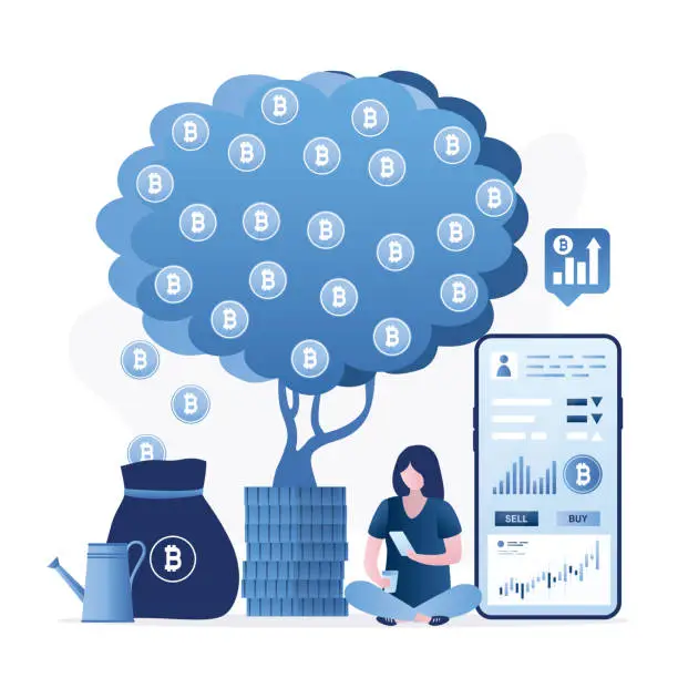 Vector illustration of Businesswoman sitting near money tree. Female investor grows profit bitcoin plant with coins. Block chain technology,