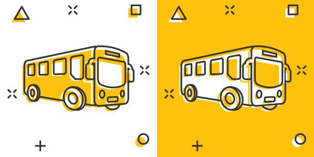 illustrations, cliparts, dessins animés et icônes de icône d’autobus scolaire dans un style comique. illustration de dessin animé vectoriel autobus sur fond blanc isolé. concept d’entreprise de transport par autocar effet d’éclaboussure. - car traffic road road sign