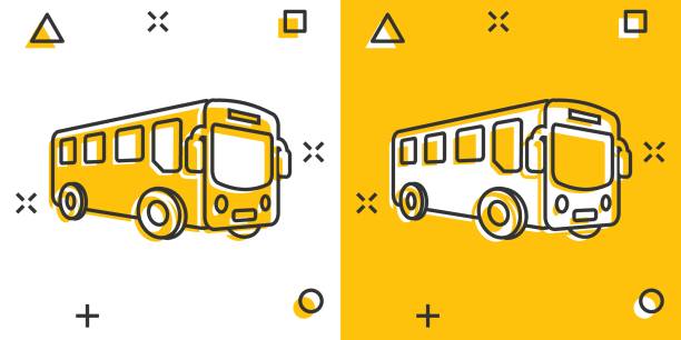 ilustrações de stock, clip art, desenhos animados e ícones de school bus icon in comic style. autobus vector cartoon illustration on white isolated background. coach transport business concept splash effect. - bus coach bus travel tour bus