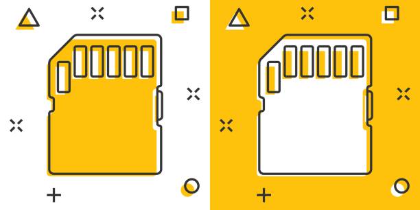 ilustraciones, imágenes clip art, dibujos animados e iconos de stock de icono de tarjeta micro sd en estilo cómic. ilustración de dibujos animados vectoriales de chip de memoria sobre fondo blanco aislado. efecto de salpicadura del concepto empresarial del adaptador de almacenamiento. - memory card memories technology data