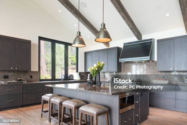 Vaulted Ceiling In Modern Kitchen Stock Photo - Download Image Now - Kitchen, Home Addition, Home Interior