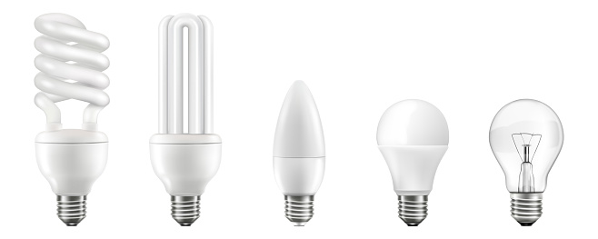 Light bulbs realistic 3D vector illustrations set. Different lightbulb types with various shapes isolated on white background. Halogen, led, incandescent, energy saving and CFL lamps. Modern illumination