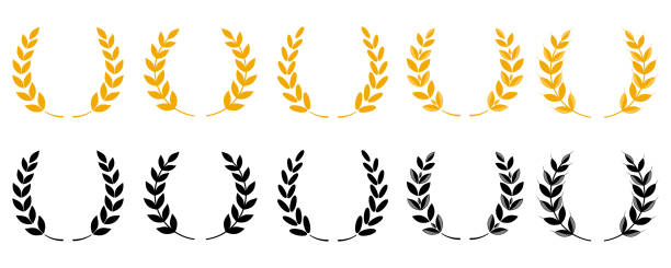 金月桂樹の花輪 - 勝者の象徴。小麦の耳や米のアイコンがセットされています。白い背景に隔離された農業シンボル。パン包装またはビールラベルの設計要素。ベクトル アイコン セット。 - 月桂冠点のイラスト素材／クリップアート素材／マンガ素材／アイコン素材