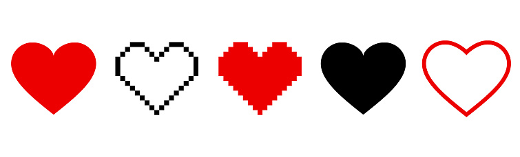 Pixel heart iÑon set in retro style. Vintage love symbol, 8 bit vector illustration for computer game. Web button