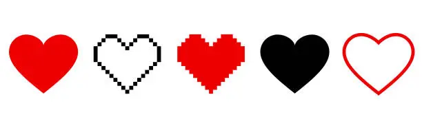 Vector illustration of Pixel heart iÑon set in retro style. Vintage love symbol, 8 bit vector illustration for computer game. Web button